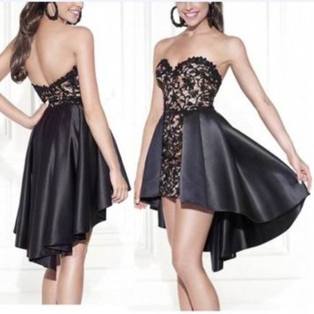 Enchantress Strapless Lace & Satin Mini Prom Gown With Asymmetrical Hem
